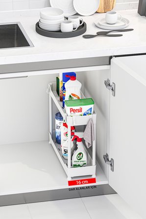 Beyaz 2 Katlı Dar Düzenleyici Mutfak ve Banyo Rafı
