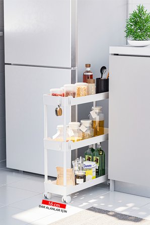 Beyaz 3 Katlı Tekerlekli Dar Düzenleyici Mutfak ve Banyo Rafı Vesken