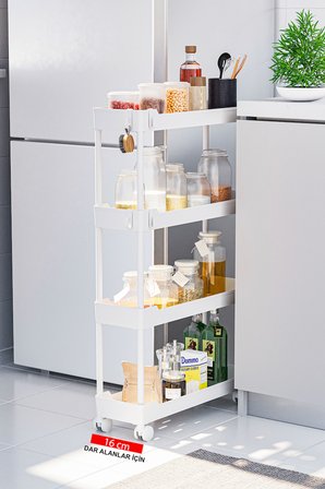Beyaz 4 Katlı Tekerlekli Dar Düzenleyici Mutfak ve Banyo Rafı Vesken