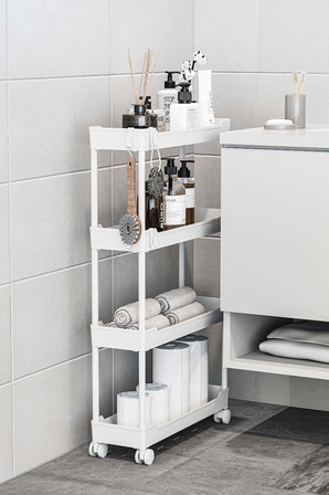 Beyaz 4 Katlı Tekerlekli Dar Düzenleyici Mutfak ve Banyo Rafı Vesken