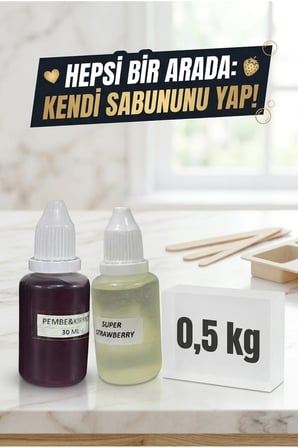 Çilek Kokulu Esans 30 ml | Pembe-Kırmızı Renk Sabun Boyası 30 ml | Şeffaf Sabun Bazı 500 gr