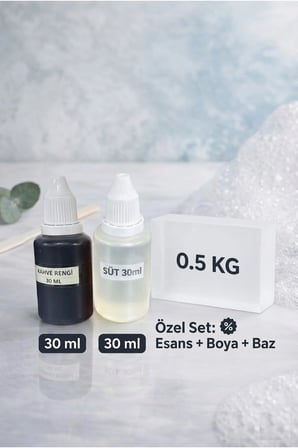 Süt Kokulu Esans 30 ml | Kahverengi Renk Sabun Boyası 30 ml | Şeffaf Sabun Bazı 500 gr