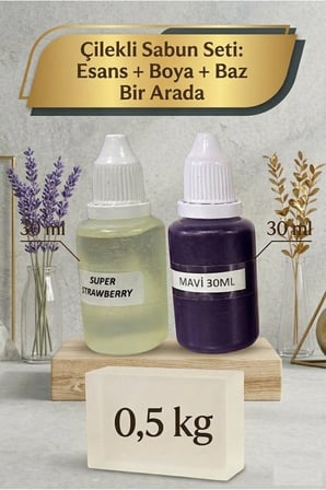 Çilek Kokulu Esans 30 ml | Mavi Renk Sabun Boyası 30 ml | Şeffaf Sabun Bazı 500 gr