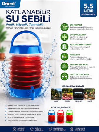 Orient YEŞİL Katlanabilir Akordiyonlu Su Sebili Musluklu Körüklü 5.5 Litre Taşıma Sapı ile Kamp ve Piknik İçin Kullanışlı