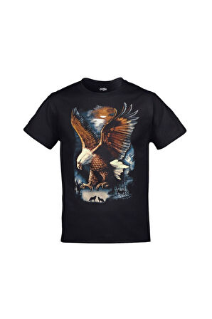 Kartal Renkli Baskılı Unisex Siyah Tshirt