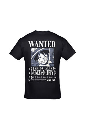 One Piece Monkey D. Luffy Wanted Ön Arka Baskılı Unisex Siyah Tshirt