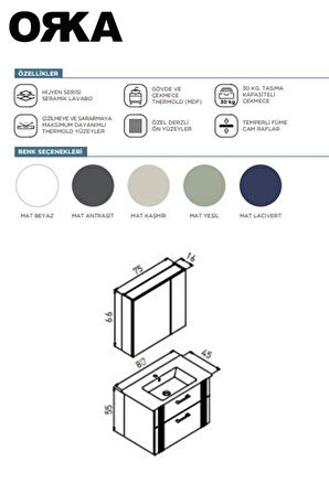 ORKA BARI 80 cm Mat Kaşmir Banyo Dolabı Takımı | Lavabo + Ayna Dahil | Modern Dayanıklı Tasarım