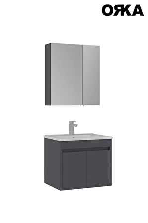 Modern ORKA Side 65 cm Mat Antrasit Kapaklı Lavabo ve Ayna Takımı – Suya Dayanıklı MDFLAM