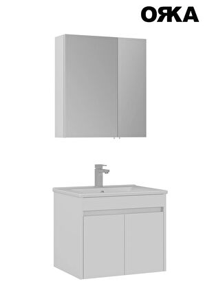 Modern ORKA Side 65 cm Mat Beyaz Kapaklı Lavabo ve Ayna Takımı – Suya Dayanıklı MDFLAM