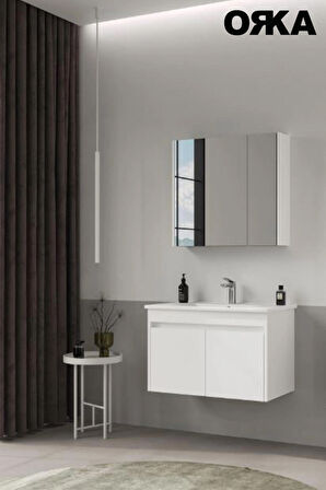 Modern ORKA Side 65 cm Mat Beyaz Kapaklı Lavabo ve Ayna Takımı – Suya Dayanıklı MDFLAM