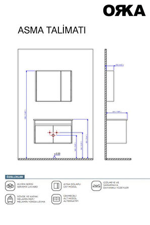 Modern ORKA Side 65 cm Mat Beyaz Kapaklı Lavabo ve Ayna Takımı – Suya Dayanıklı MDFLAM