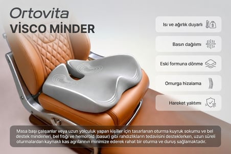 ORTOVİTA KUYRUK SOKUM Yeni Nesil Visco Ortopedik Ergonomik Kaymaz Taban Terlemez Koltuk Yükseltici Araba ve Ofis Minderi Rahat duruş ve Ağrı Giderici siyatik