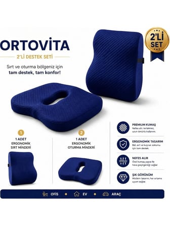 ORTOVİTA, Yeni Nesil Visco Ortopedik Ergonomik omurga sağlığını koruyan Oturma Minderi Ve Sırtlık 2 Li Set