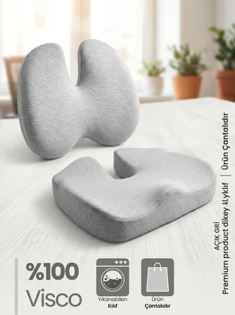 ORTOVİTA Yeni Nesil Visco Ortopedik Ergonomik Ofis, Araç, Ev Çalışma Sandalye Minder 2 Lİ Set ( Sırt Mideri ve Oturma Minderi ) GRİ