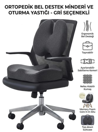 ORTOVİTA Yeni Nesil Visco Ortopedik Ergonomik Ofis, Araç, Ev Çalışma Sandalye Minder 2 Lİ Set ( Sırt Mideri ve Oturma Minderi ) GRİ
