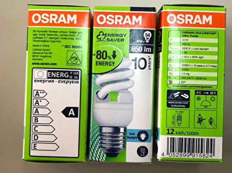 3 ADET OSRAM 12W=54W 650 LÜMEN TASARRUFLU LAMBA 6500 KELVİN BEYAZ