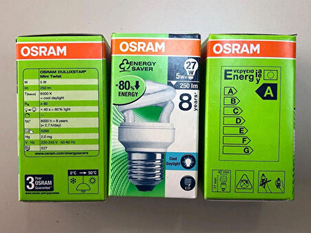 3 ADET OSRAM 5W=27W 250 LÜMEN TASARRUFLU LAMBA 6500 KELVİN BEYAZ