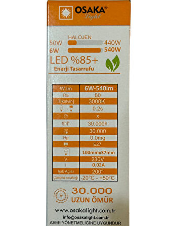 Osaka 6W (50W) 3000K (Sarı Işık) E27 Duylu Led Ampul