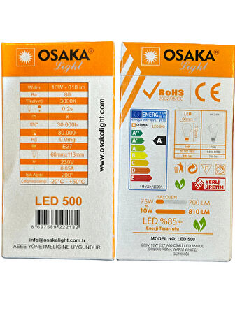 Osaka 10W (75W) 3000K (Günışığı) E27 Duylu Dim Edilebilir Led Ampul