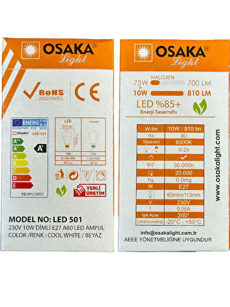 Osaka 10W (75W) 6500K (Beyaz Işık) E27 Duylu Dim Edilebilir Led Ampul