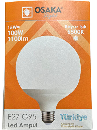 Osaka 15W (100W) 6500K (Beyaz Işık) E27 Duylu G95 Led Glop Ampul