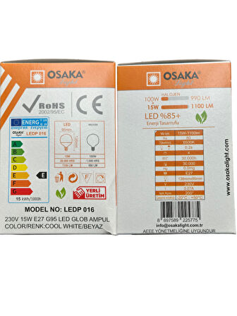 Osaka 15W (100W) 6500K (Beyaz Işık) E27 Duylu G95 Led Glop Ampul