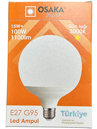 Osaka 15W (100W) 3000K (Günışığı) E27 Duylu G95 Led Glop Ampul