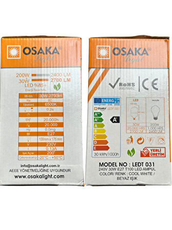 Osaka 30W (200W) 6500K (Beyaz Işık) E27 Duylu Led Torch Ampul