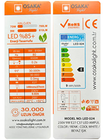 (10 Adet) Osaka 9W (70W) Beyaz Işık E27 Duylu (Kalın Duy) Led Ampul