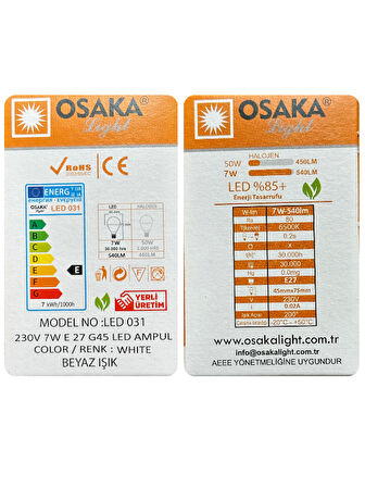 (4 Adet) Osaka 7W (50W) Beyaz Işık E27 Duylu (Kalın Duy) Led Ampul