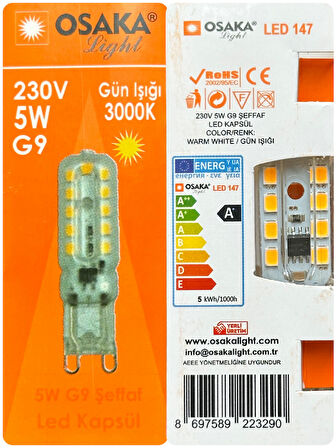 (8 Adet) Osaka 5W 3000K (Sarı Işık) G9 Duylu Led Kapsül Ampul