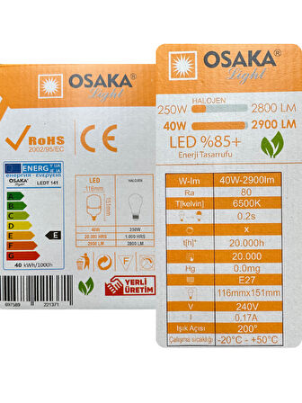 (6 Adet) Osaka 40W (250W) Beyaz Işık E27 Duylu (Kalın Duy) Led Torch Ampul