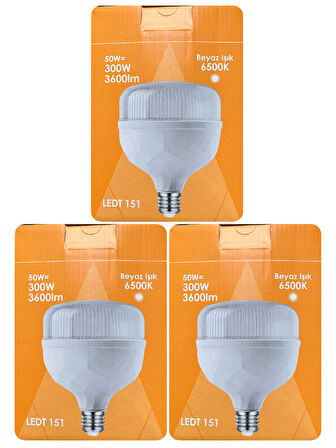 (3 Adet) Osaka 50W (300W) Beyaz Işık E27 Duylu (Kalın Duy) Led Torch Ampul