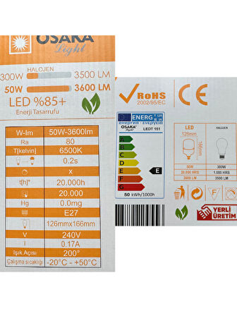 (3 Adet) Osaka 50W (300W) Beyaz Işık E27 Duylu (Kalın Duy) Led Torch Ampul