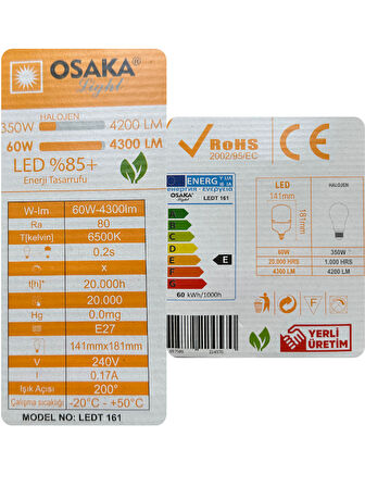 (3 Adet) Osaka 60W (350W) Beyaz Işık E27 Duylu (Kalın Duy) Led Torch Ampul