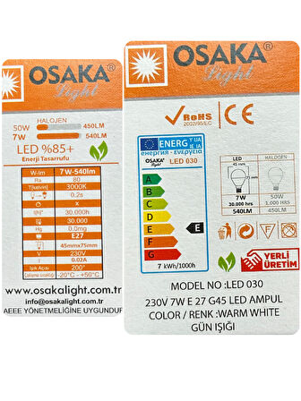 (1 Adet) Osaka 7W (50W) Sarı Işık E27 Duylu (Kalın Duy) Led Mini Ampul