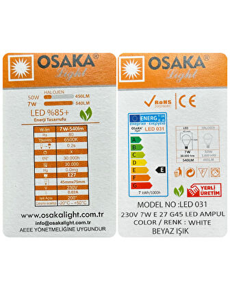 (2 Adet) Osaka 7W (50W) Beyaz Işık (6500K) E27 Duylu (Kalın Duy) Led Mini Ampul