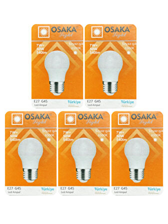 (5 Adet) Osaka 7W (50W) Beyaz Işık (6500K) E27 Duylu (Kalın Duy) Led Mini Ampul