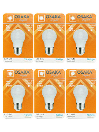 (6 Adet) Osaka 7W (50W) Beyaz Işık (6500K) E27 Duylu (Kalın Duy) Led Mini Ampul