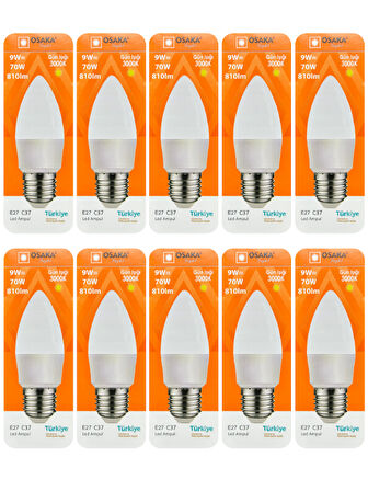(10 Adet) Osaka 9W (70W) Sarı Işık (3000K) E27 Duylu (Kalın Duy) Led Mum Ampul