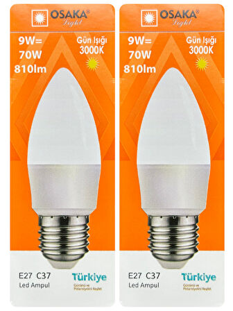 (2 Adet) Osaka 9W (70W) Sarı Işık (3000K) E27 Duylu (Kalın Duy) Led Mum Ampul