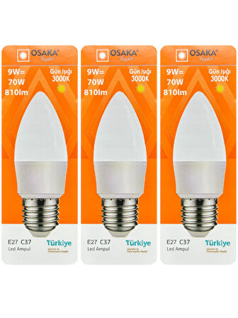 (3 Adet) Osaka 9W (70W) Sarı Işık (3000K) E27 Duylu (Kalın Duy) Led Mum Ampul