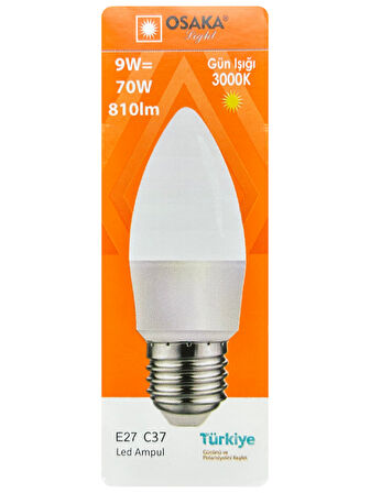 (3 Adet) Osaka 9W (70W) Sarı Işık (3000K) E27 Duylu (Kalın Duy) Led Mum Ampul