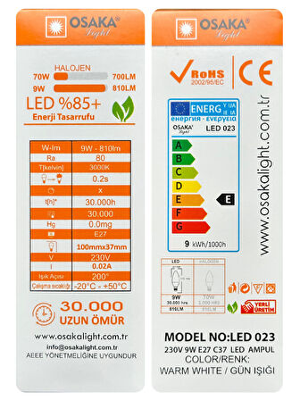 (3 Adet) Osaka 9W (70W) Sarı Işık (3000K) E27 Duylu (Kalın Duy) Led Mum Ampul