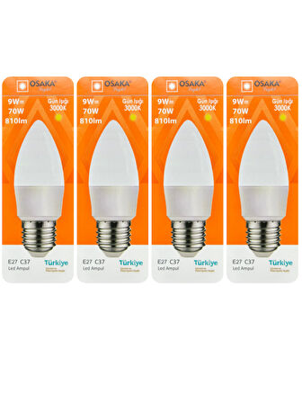(4 Adet) Osaka 9W (70W) Sarı Işık (3000K) E27 Duylu (Kalın Duy) Led Mum Ampul