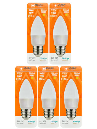 (5 Adet) Osaka 9W (70W) Sarı Işık (3000K) E27 Duylu (Kalın Duy) Led Mum Ampul