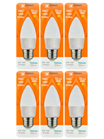 (6 Adet) Osaka 9W (70W) Sarı Işık (3000K) E27 Duylu (Kalın Duy) Led Mum Ampul