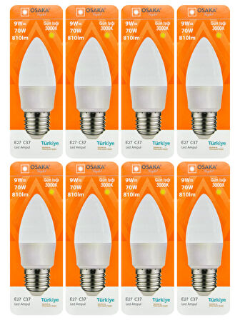(8 Adet) Osaka 9W (70W) Sarı Işık (3000K) E27 Duylu (Kalın Duy) Led Mum Ampul