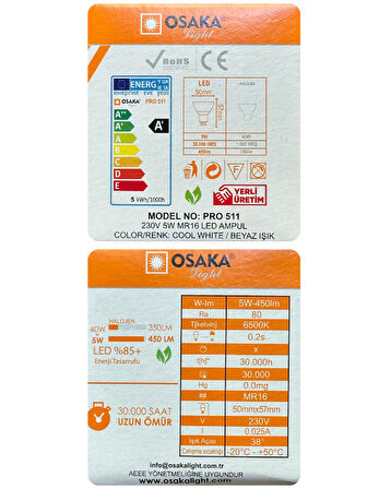 (1 Adet) Osaka 5W (40W) Beyaz Işık (6500K) G4 Duylu (İğne Bacak) Led Çanak Ampul