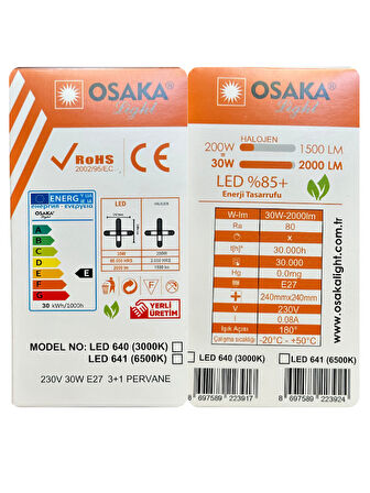 (1 Adet) Osaka 30W (200W) Beyaz Işık (6500K) E27 Duylu (Kalın Duy) Pervane Ampul